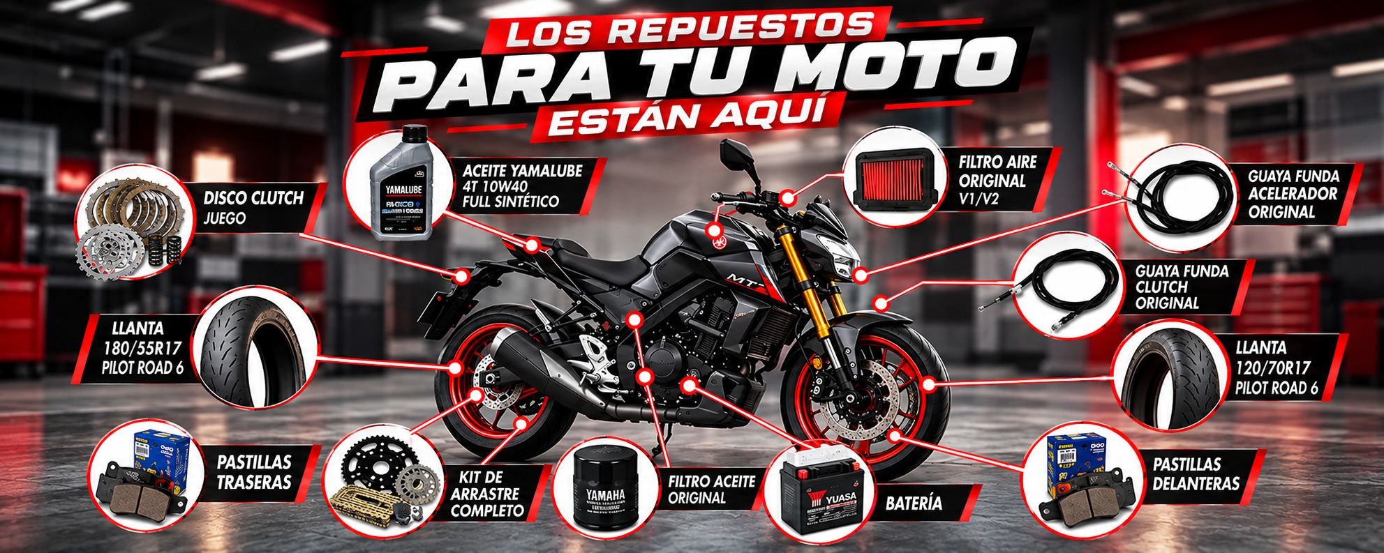 Los repuestos para tu moto están aquí: clutch, aceite, filtros, guayas, llantas, pastillas, kit de arrastre y batería