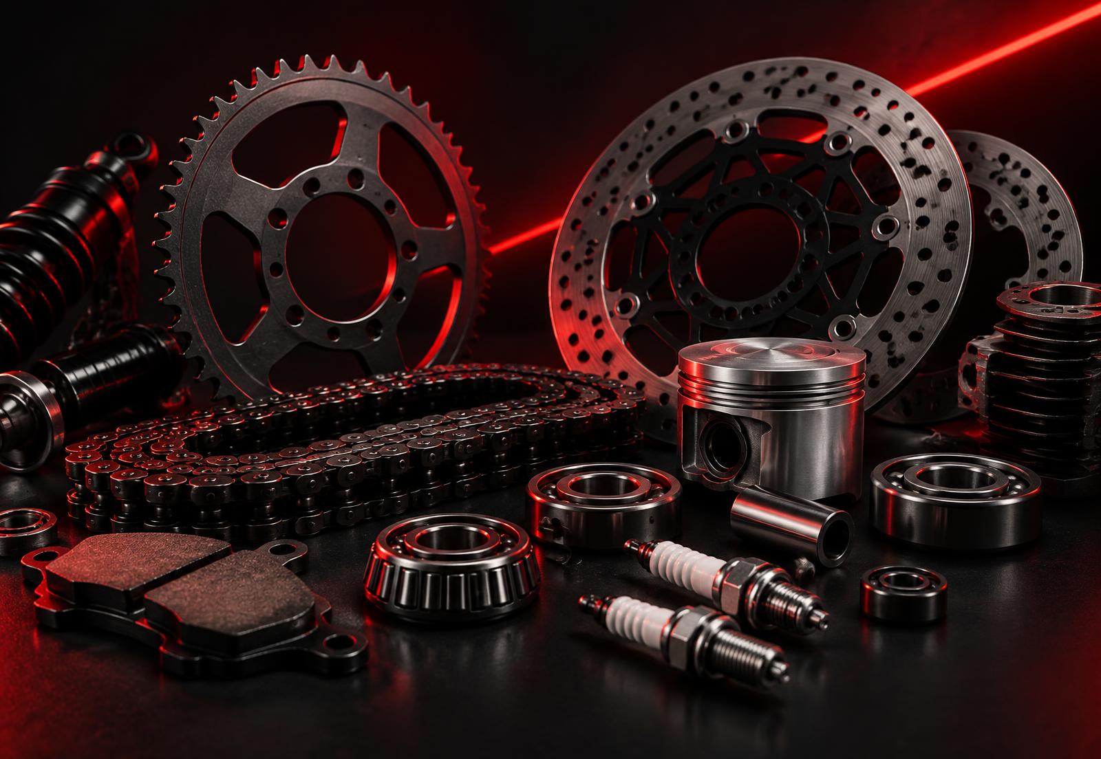 Repuestos para motocicleta sobre superficie oscura